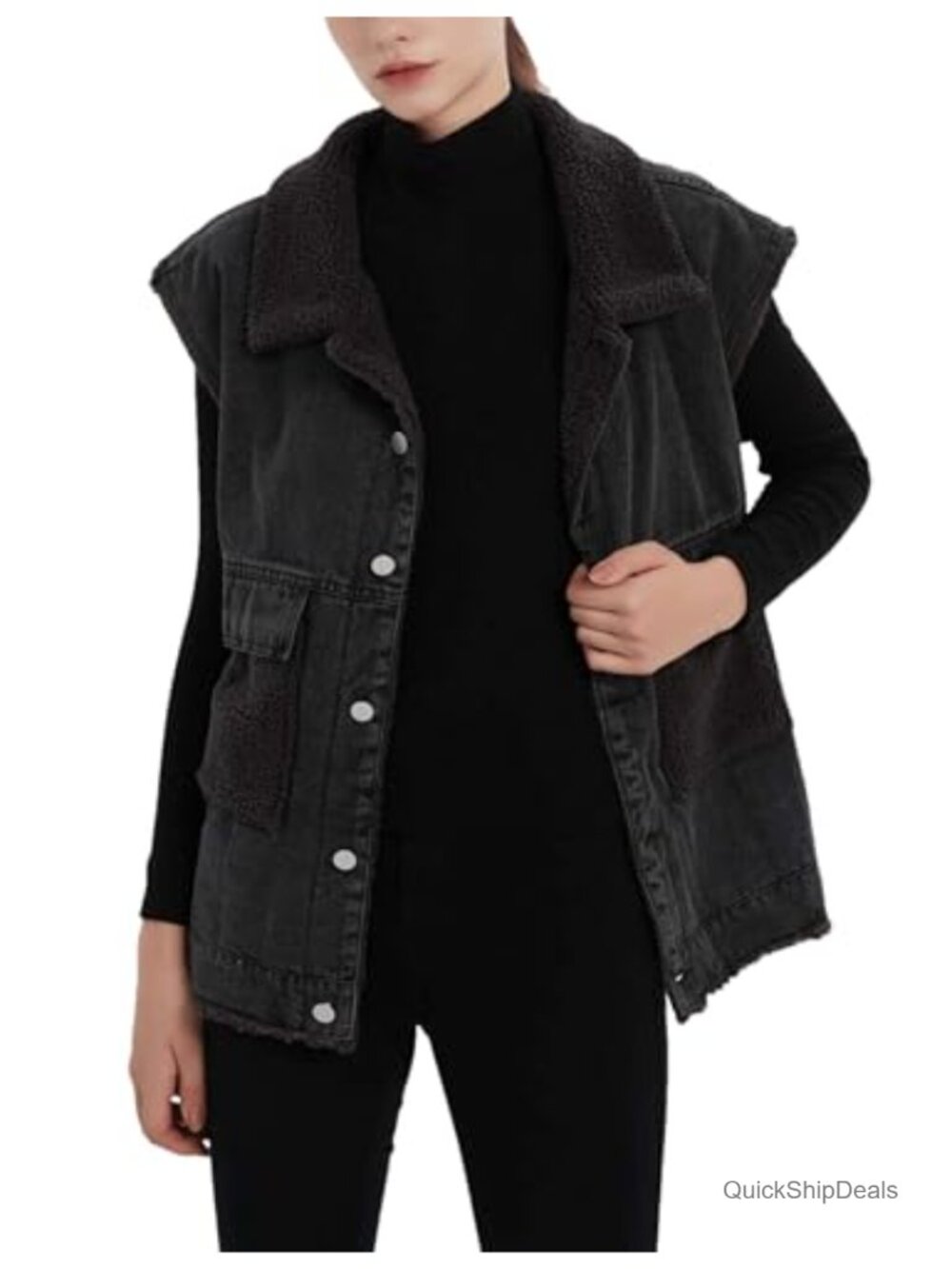 Womens Sherpa Lined Denim Vest Sleeveless Button Front Loose Fit Casual